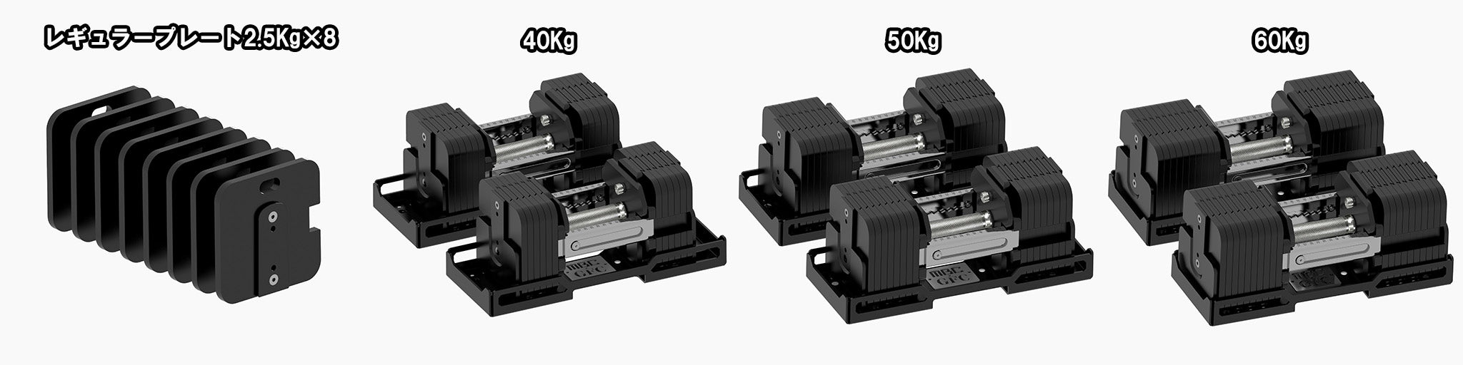 MBC×GFC デュアルアジャスタブルダンベル レギュラープレート追加による40kg・50kg・60kg拡張イメージ
